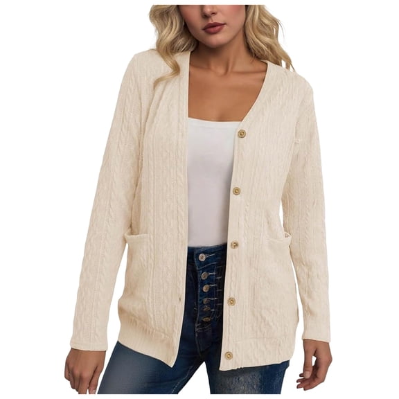 larppty Women's Long Sleeve Loose Knit Cable Open Front Button Down Cardigan Sweater Outerwear Coat with Pockets Fashion Clothes (Beige, XXL)