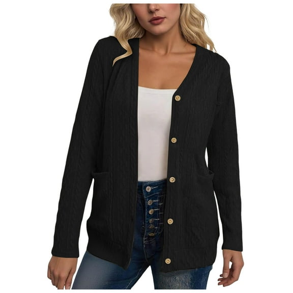 larppty Women's Long Sleeve Loose Knit Cable Open Front Button Down Cardigan Sweater Outerwear Coat with Pockets Fashion Clothes (Black, XXL)
