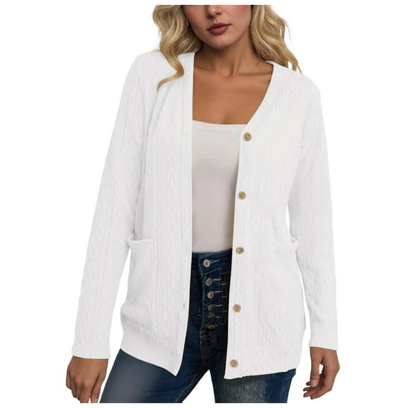 larppty Women's Long Sleeve Loose Knit Cable Open Front Button Down Cardigan Sweater Outerwear Coat with Pockets Fashion Clothes (White, M)