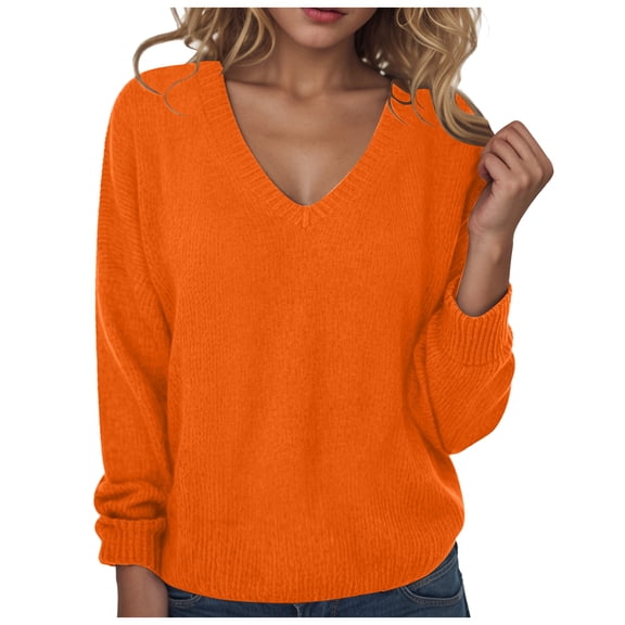 larppty Women's Long Sleeve V Neck Pullover Tops Oversized Chunky Knitted Loose Jumper Sweaters (Orange, L)
