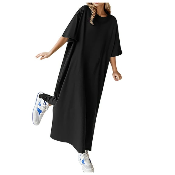larppty Women's Nightgown Short Sleeve Sleepshirt Long Loungewear Casual Maxi Lounge Dress House Dresses（Black，XXXL）