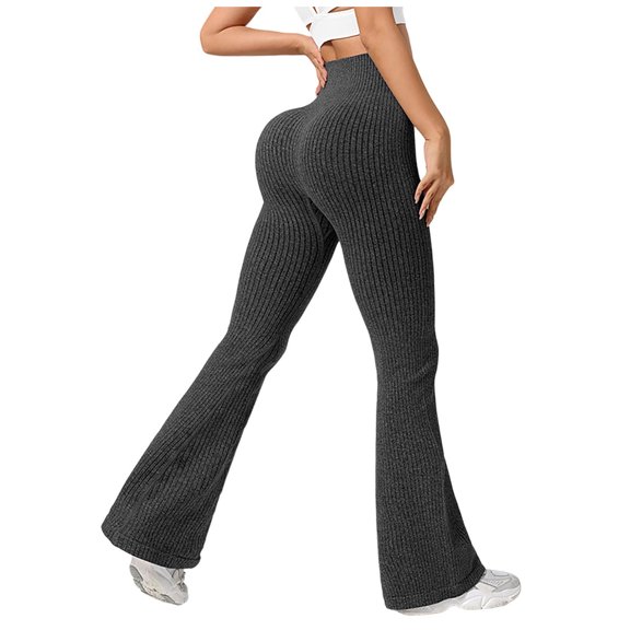 larppty Women's No Front Seam Flare Leggings - High Waist Tummy Control Ribbed Yoga Pants for Workout & Daily Wear（Black，XL）