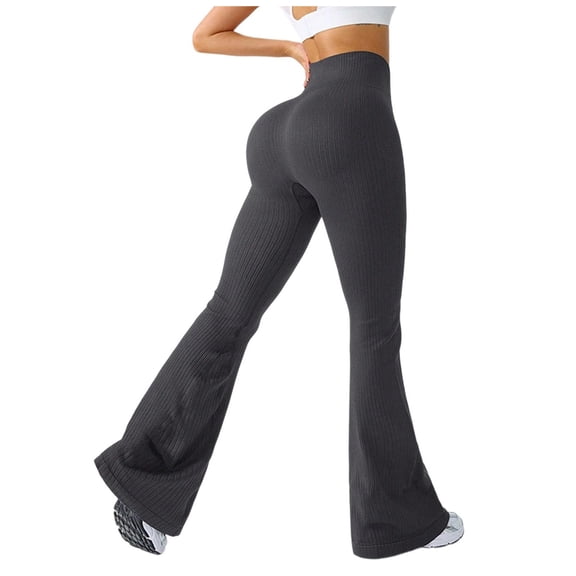 larppty Women's No Front Seam Flare Leggings - High Waist Tummy Control Ribbed Yoga Pants for Workout & Daily Wear(Grey,S)