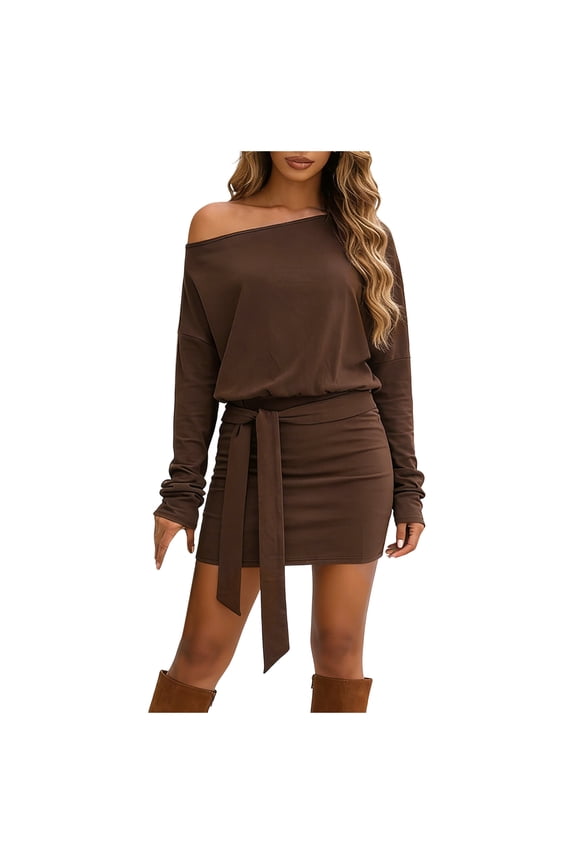 Women's One-Shoulder Long Sleeve Bodycon Mini Dress with Waist Tie – Sexy Party, Date Night, Club Outfit（Brown， M）