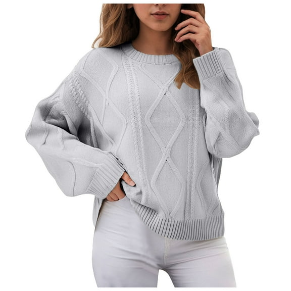 larppty Women's Oversized Cable Knit Crewneck Sweaters Fashion Y2k Clothes (Grey, M)
