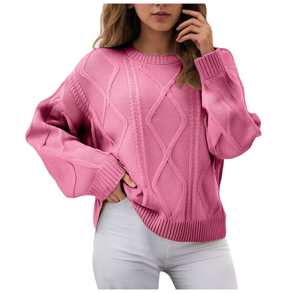 larppty Women's Oversized Cable Knit Crewneck Sweaters Fashion Y2k Clothes (Pink, XXL)
