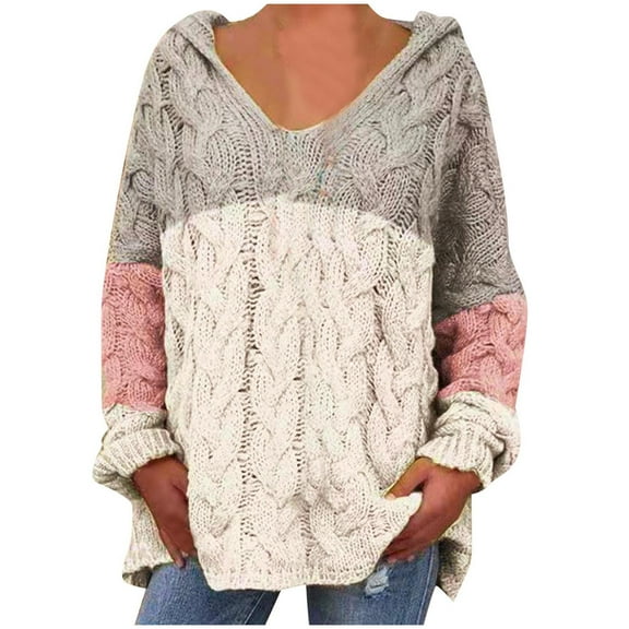 larppty Women's Oversized Chunky Cable Knit Pullover Hooded Sweaters V Neck Long Sleeve Loose Hoodies Fashion Y2k Clothes (Grey, L)