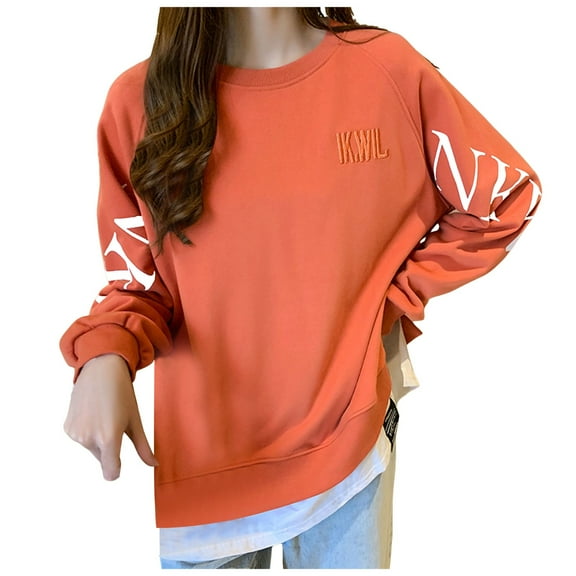 larppty Women's Oversized Letter Graphics Sweatshirt Crewneck Long Sleeve Fashion Pullover Tops (Orange, L)