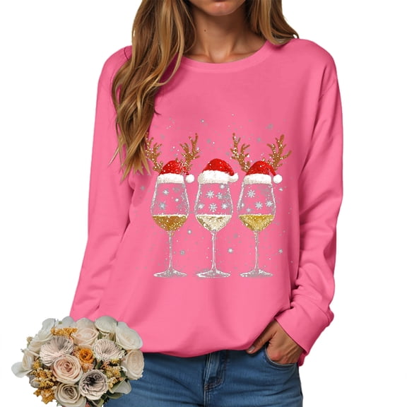 larppty Women's Oversized Ugly Christmas Sweatshirt Xmas Glass Print Graphic Vacation Tunic Sweater Shirt Christmas Graphic Pullover Top (Hot Pink, L)