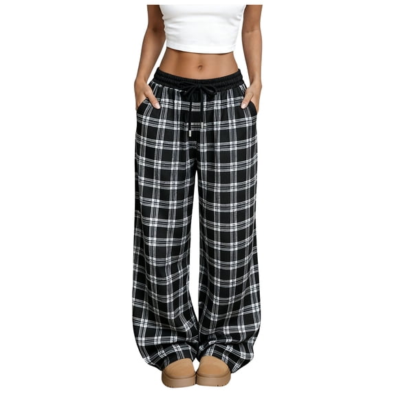 larppty Women's Plaid Wide-Leg Baggy Pants - Elastic Waist, with Pockets | Pajama & Loungewear（Black，S）