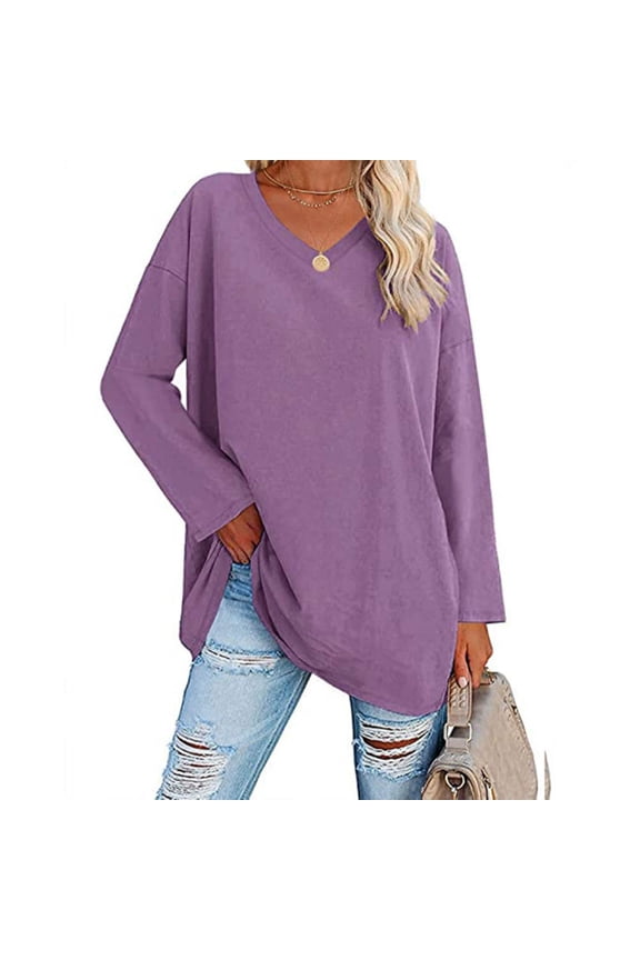 Women's Plus Size Tops Long Sleeve Crew Neck Oversized T Shirts Loose Casual Tunics Loose Fit Tee (Purple, XXL)