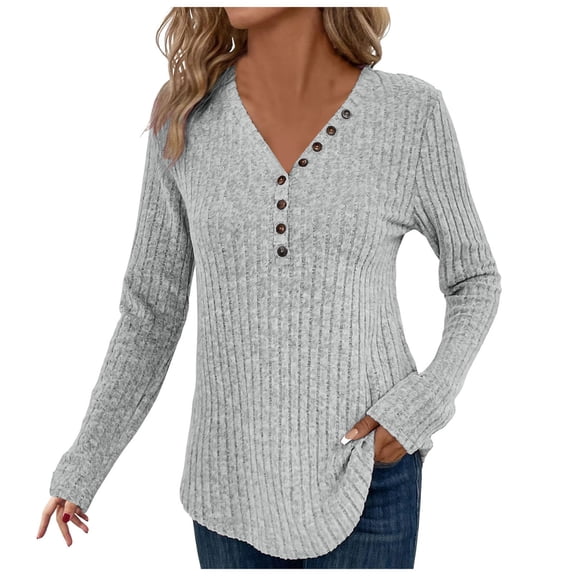 larppty Women's Pullover Lightweight Sweaters, Long Sleeve V Neck Ribbed Knit Shirts Casual Button Blouses Tunic Tops 2025 Fall Fashion (Light Gray, L)