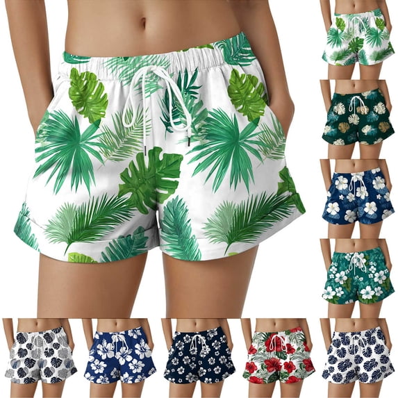 larppty Women's Quick Dry Swim Trunks Palm Leaf Print Beach Shorts with Drawstring Elastic Waist(Green, XL)