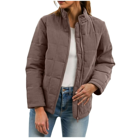 larppty Women's Quilted Lightweight Jackets Casual Puffer Jacket Warm Winter Bomber Coats Oversized Zip Up Outerwear with Pockets (Khaki, S)