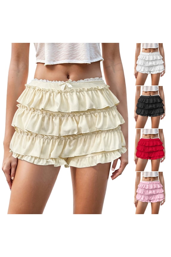 Women's Ruffle Shorts Y2k Lace Lolita Bloomers Elastic Waist Bottoms Shorts Micro Boyshorts(Red, S)