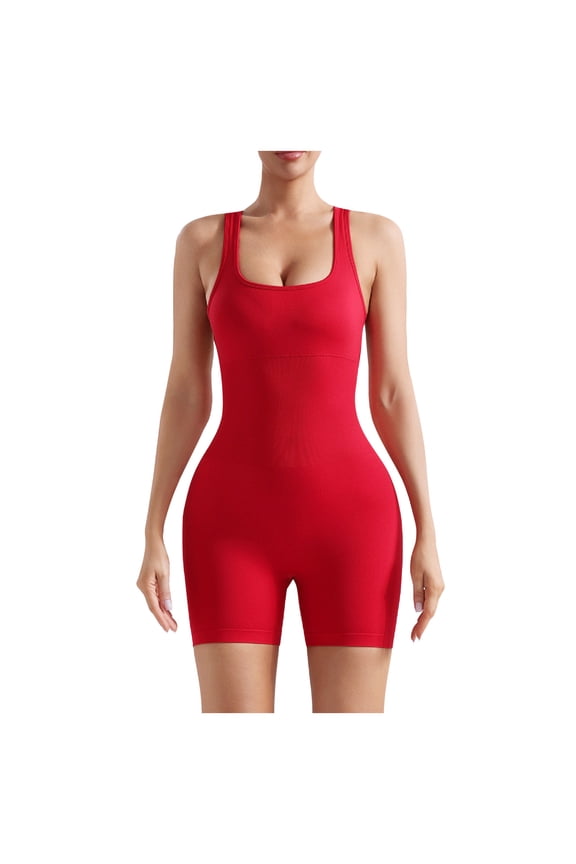 Women's Seamless Cross Back Unitard - One Piece Sleeveless U Neck Romper for Yoga, Gymnastics, and Workout(Red, M)