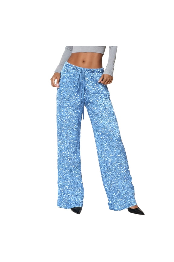 Women's Sequin Palazzo Pants with Drawstring Waist Wide Leg Trousers for Casual Wear and Party Outfits（Blue， XXL）