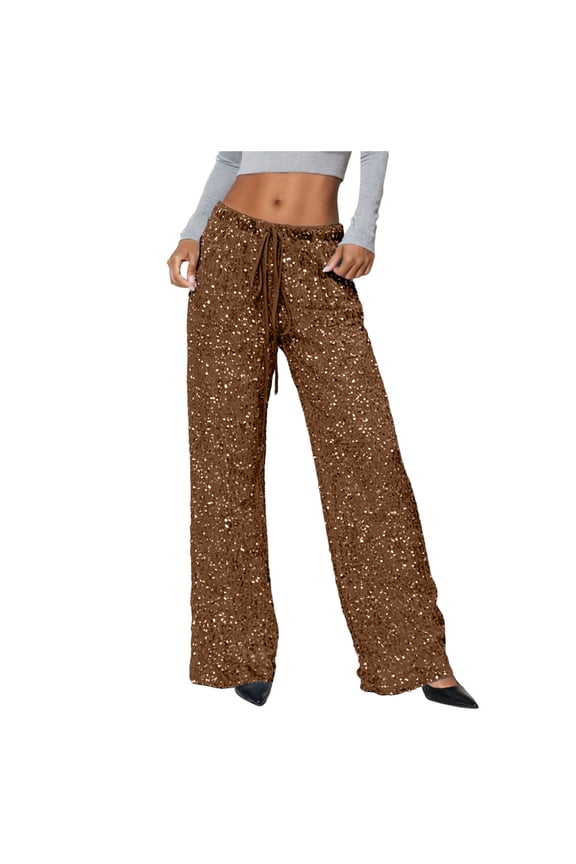 Women's Sequin Palazzo Pants with Drawstring Waist Wide Leg Trousers for Casual Wear and Party Outfits（Coffee， XL）