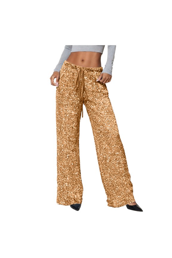 Women's Sequin Palazzo Pants with Drawstring Waist Wide Leg Trousers for Casual Wear and Party Outfits（Khaki， S）