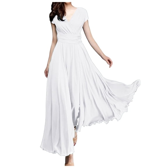 larppty Women's Sexy Cap Short Sleeve V-Neck Flowy Cocktail Dress - Slim-Fit Fashion Party Gown（White，XL）
