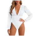 thumbnail image 1 of larppty Women's Sexy Ruched Deep V Neck Long Sleeve Bodysuit Plunging Neckline Leotard Shirts（White， L）, 1 of 9