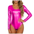 thumbnail image 1 of larppty Women's Shiny Metallic U Neck Long Sleeves Gymnastics Ballet Dance Leotard Bodysuit（Hot Pink， L）, 1 of 9