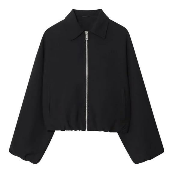 larppty Women's Solid Color Pocket Jacket Long Sleeve Lapel Zipper Puffy Jackets Outerwear with Pockets Streetwear (Black, XS)