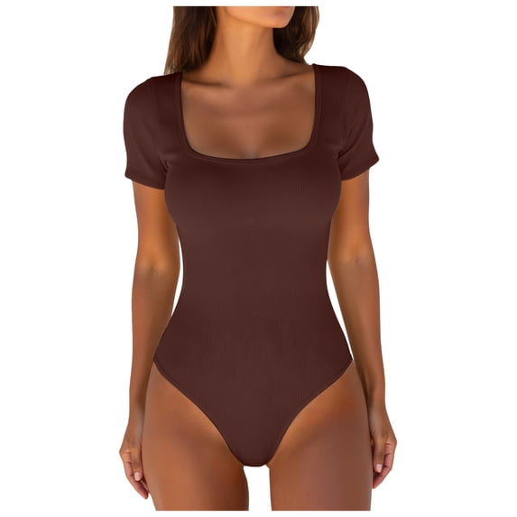 larppty Women's Square Neck Short Sleeve Long Sleeve Bodysuit Sexy Body Suits Shirt Slim Fitted Tops(Coffee, L)