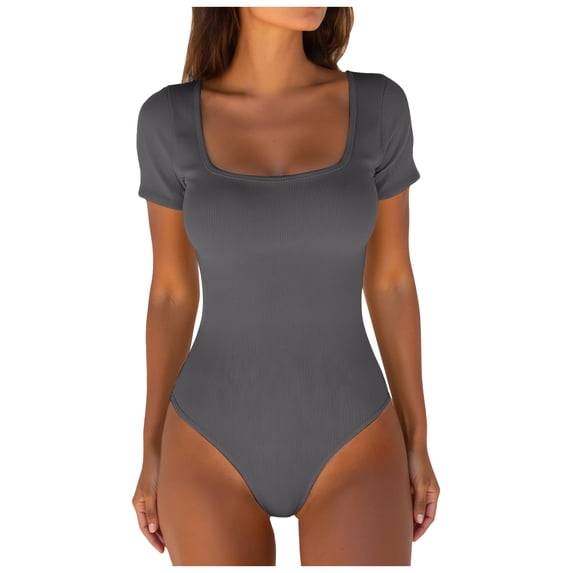 larppty Women's Square Neck Short Sleeve Long Sleeve Bodysuit Sexy Body Suits Shirt Slim Fitted Tops(Dark Gray, L)