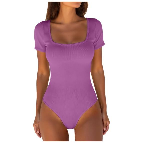 larppty Women's Square Neck Short Sleeve Long Sleeve Bodysuit Sexy Body Suits Shirt Slim Fitted Tops(Pink, M)