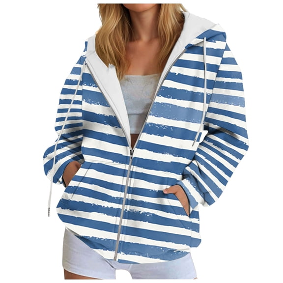 larppty Women's Striped Full Zip Hoodies Oversized Sweatshirts Long Sleeve Trendy Fall Fashion Hoodies Jacket Tops with Pocket (Blue, S)