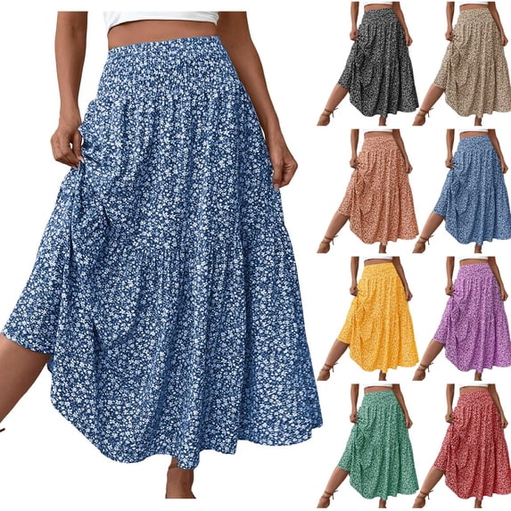 larppty Women's Summer Boho Skirt - High-Waist Ruffled Layered Floral Maxi Dress with Elastic Waist(Yellow, XL)