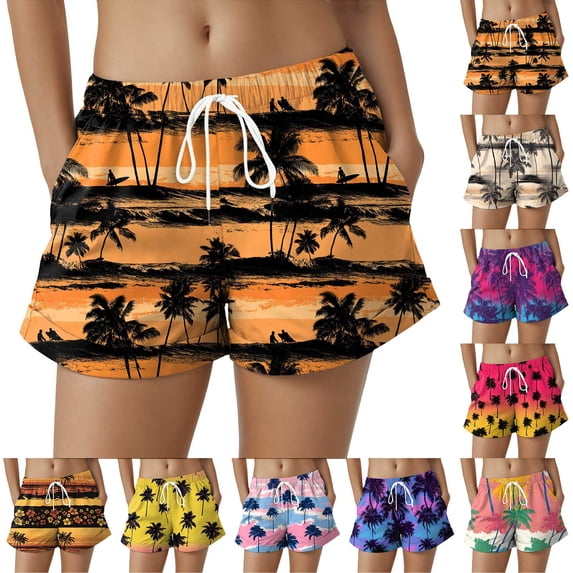 larppty Women's Summer Tropical Sunset Swim Shorts, Colorful Print Casual Beach Boardshorts with Drawstring Waist（Purple， XL）