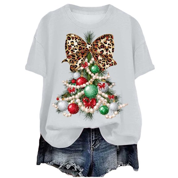 larppty Women's T Shirts Short Sleeve Tees Xmas Tree Bow Graphic Loose Holiday Tops (White, M)
