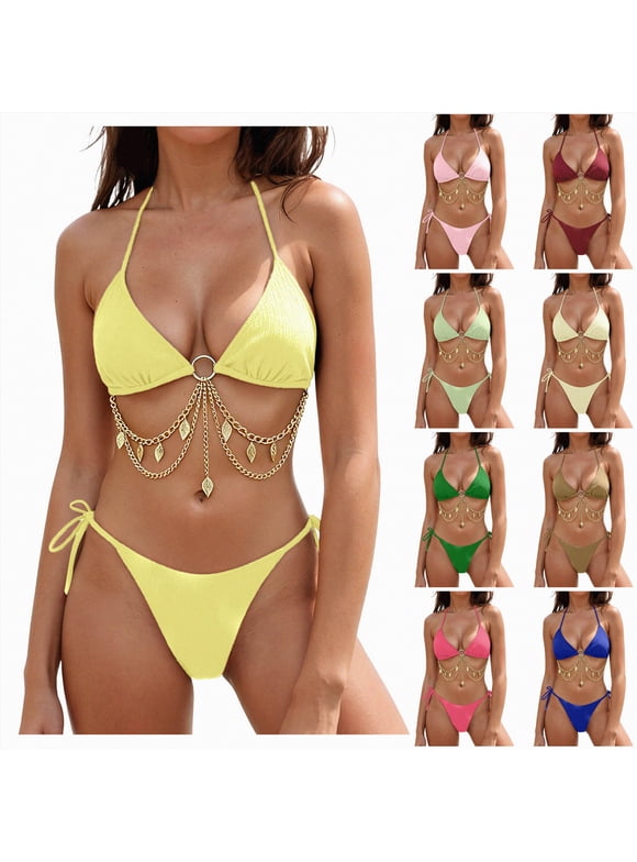 Women's Triangle String Bikini Set 2 Piece Halter Swimsuits Metal Linked Swim Set (Light Green, XL)