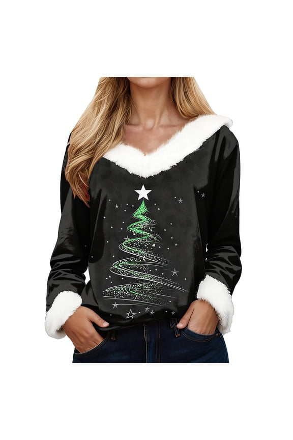 Women's Ugly Christmas Sweater with Plush Faux Fur Trim with Relaxed V-Neck (Green, M)