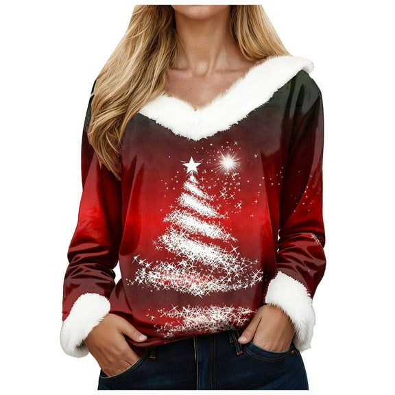 larppty Women's Ugly Christmas Sweater with Plush Faux Fur Trim with Relaxed V-Neck (Red, M)
