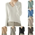 thumbnail image 1 of larppty Women's V Neck Casual Sweater,Lightweight Long Sleeve Pullover Sweater Classic Fall Thin Sweater Top Elegant Clothing Beige, M, 1 of 4