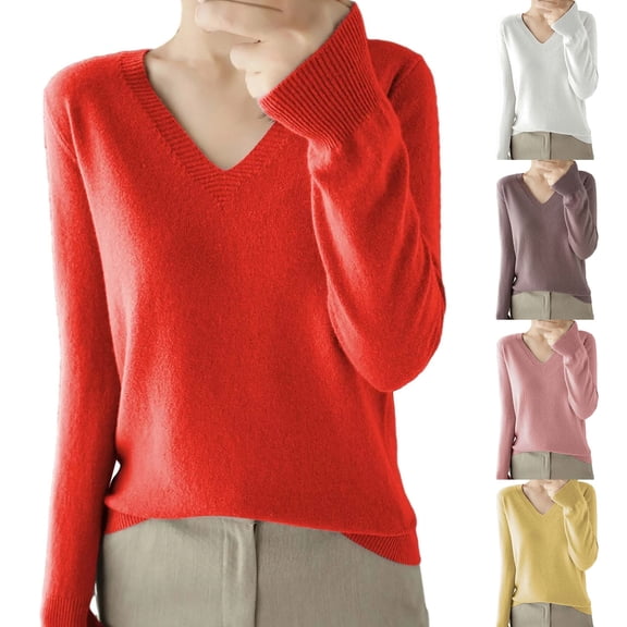 larppty Women's V Neck Sweaters Long Sleeve Lightweight Knitted Pullover Casual Loose Warm Jumper Sweater Tops（Pink，M）