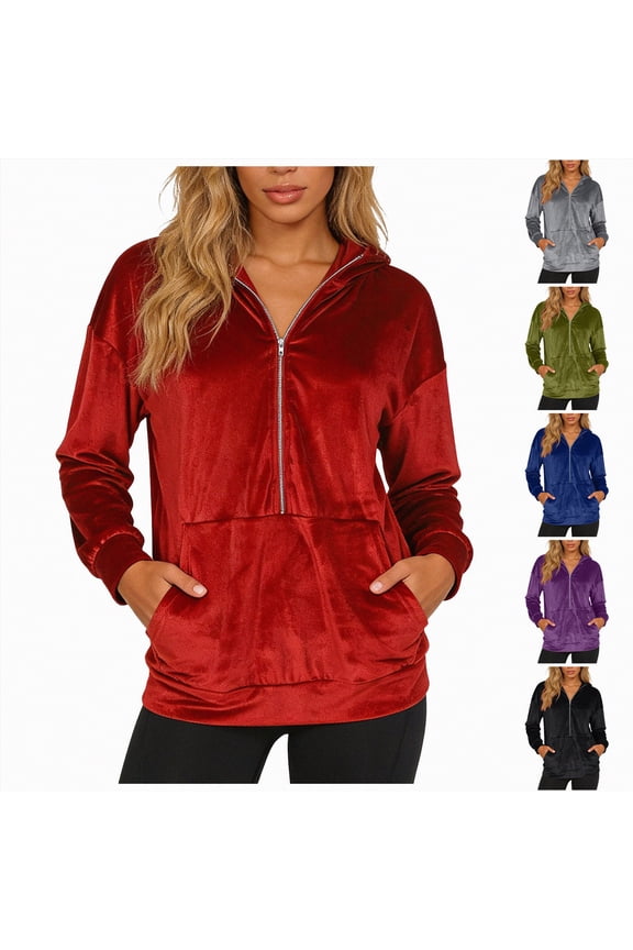 Women's Velour Hooded Jacket Long Sleeve Half Zip Outerwear Soft Warm Velvet Jacket with Kangaroo Pocket (AG, XXL)