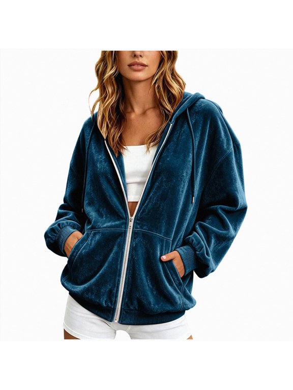 Women's Velour Hooded Jacket Long Sleeve Hoodies Coats Full Zip Up Outerwear Soft Warm Velvet Jacket with Pockets (Blue)