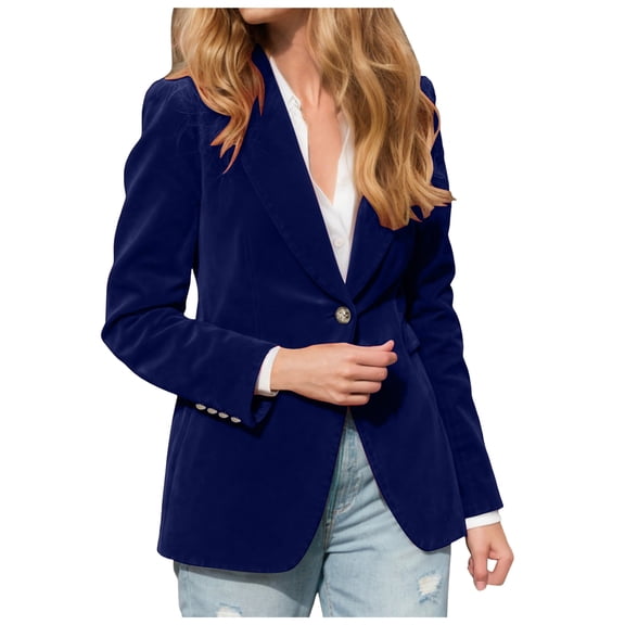 larppty Women's Velvet Lapel Button-Up Blazer - Business Casual Long Sleeve Work Outerwear（Blue，L）