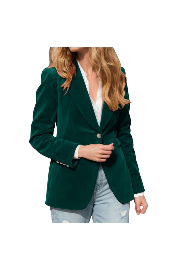 Women's Velvet Lapel Button-Up Blazer - Business Casual Long Sleeve Work Outerwear(Green,S)