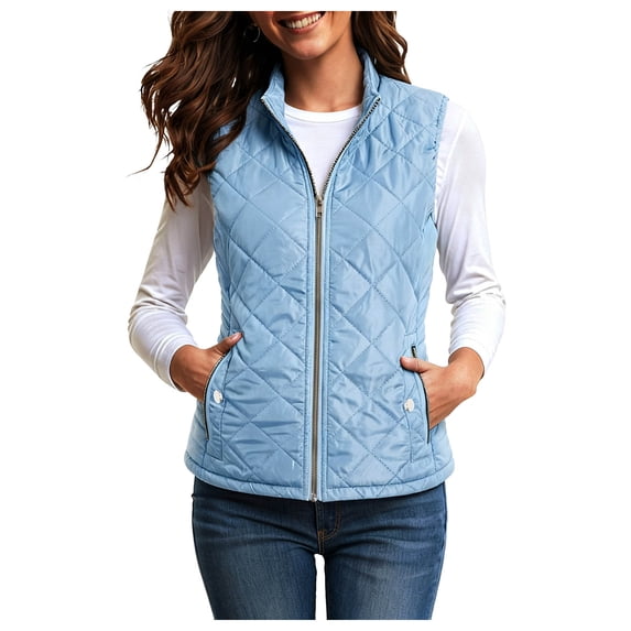 larppty Women's Vest, Stand Collar Lightweight Zip Up Front Quilted Padded Vest for Women (Light Blue, L)