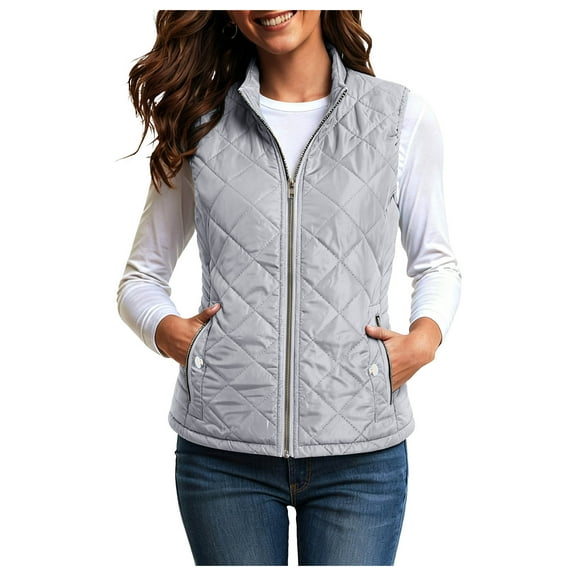 larppty Women's Vest, Stand Collar Lightweight Zip Up Front Quilted Padded Vest for Women (Light Gray, XXL)