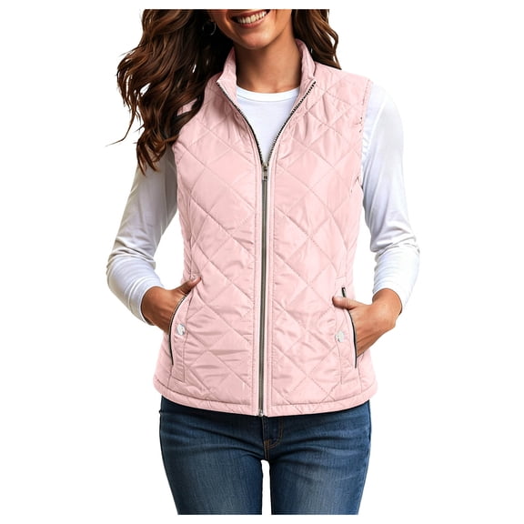 larppty Women's Vest, Stand Collar Lightweight Zip Up Front Quilted Padded Vest for Women (Pink, M)