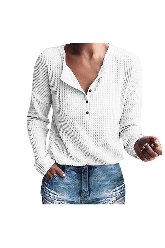 Women's Waffle Knit Tunic Tops Loose Long Sleeve Button Up V Neck Henley Shirts (White, S)