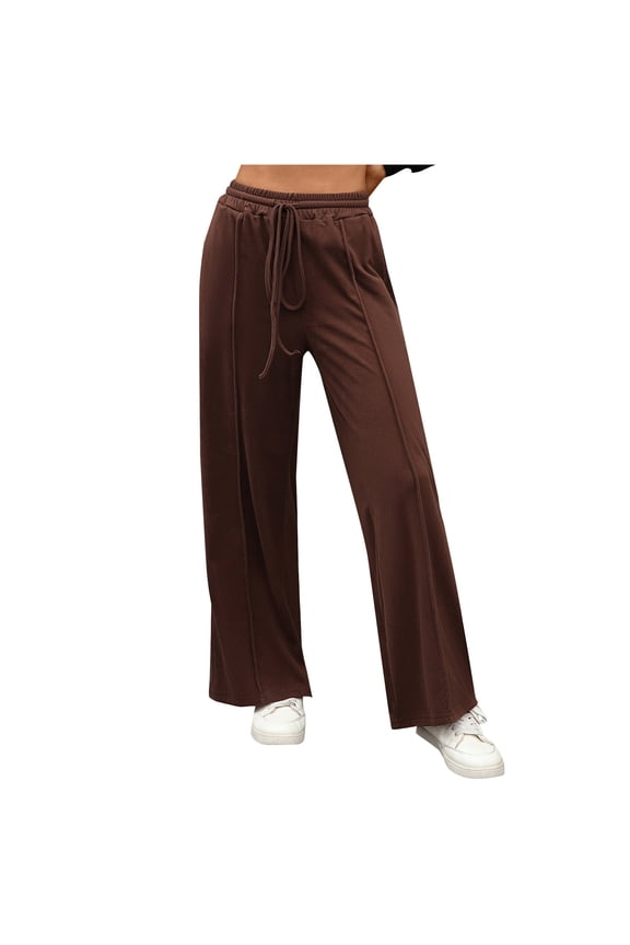 Women's Wide Leg Lounge Pants with Drawstring Waist Soft Knit Casual Trousers for Everyday Wear and Streetwear Style(Coffee, M)