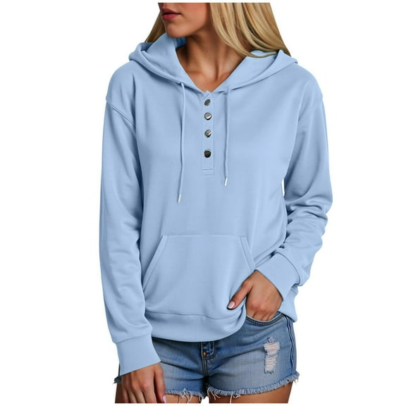 larppty Womens 2025 Hoodies Button Collar Drawstring Hooded Pullover Sweatshirt Casual Long Sleeve Tops Shirts (Blue, M)