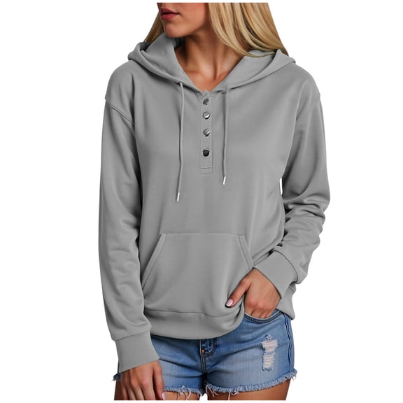 larppty Womens 2025 Hoodies Button Collar Drawstring Hooded Pullover Sweatshirt Casual Long Sleeve Tops Shirts (Grey, XL)